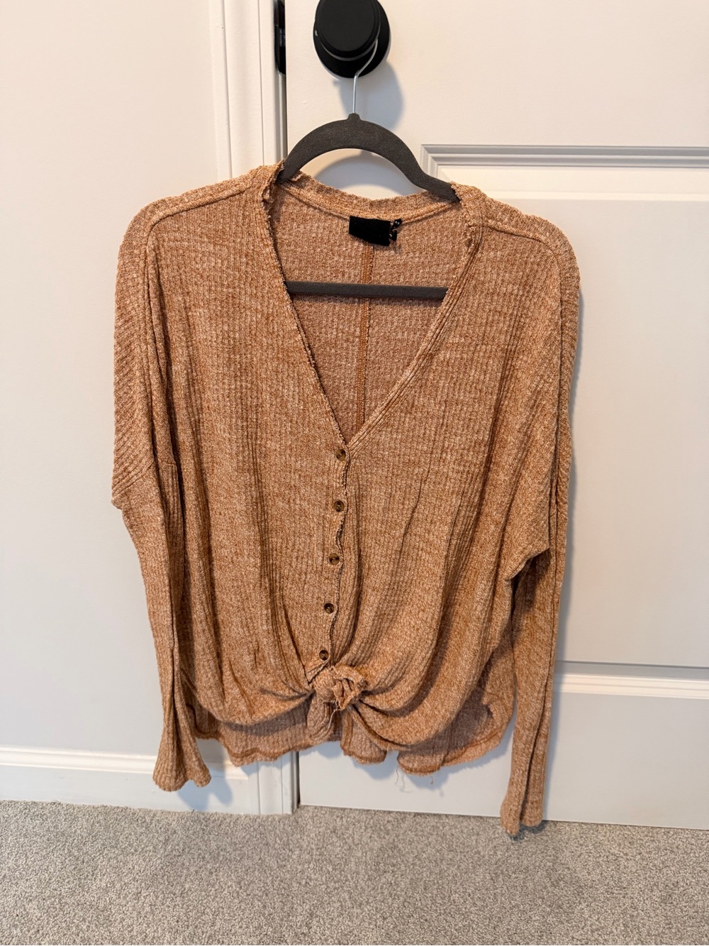 Out From Under UO Brown Ribbed Tie Front Long Sleeve Top M